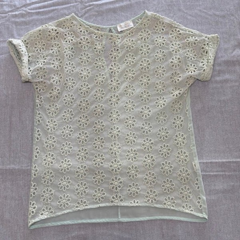 Zara Collection Woman T-Shirt Floral Lace Eyelet Green Top M